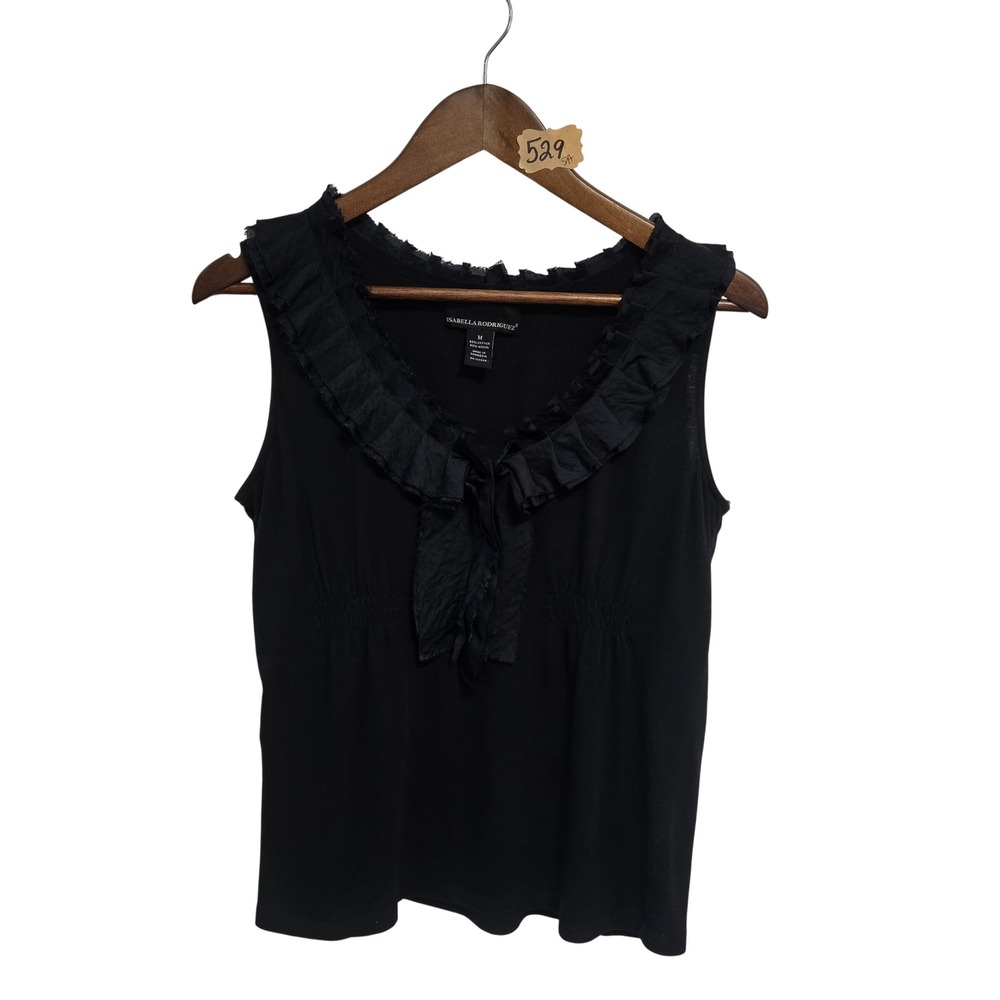 Isabella Rodriguez Black Ruffle V-Neck Sleeveless Knit Top Medium Cotton Modal